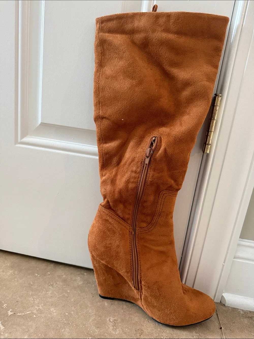 Fringed Suede Wedge Knee-High Boots - Rust